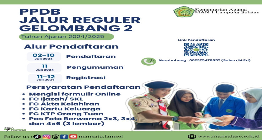 PPDB Jalur Reguler Gelombang 2 MAN 1 Lampung Selatan